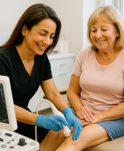 Smiling female vascular technologist performing a leg ultrasound screening on a middle-aged patient in a modern clinical setting in Austin, TX